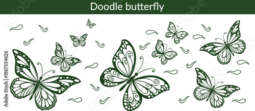 Doodle butterfly. Sketch flying butterflies with beautiful wings. Spring cartoon insects black silhouette. Elegant simple moth clipart. Vector isolated set