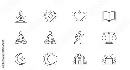 Icons representing wellness, balance, and home Vector