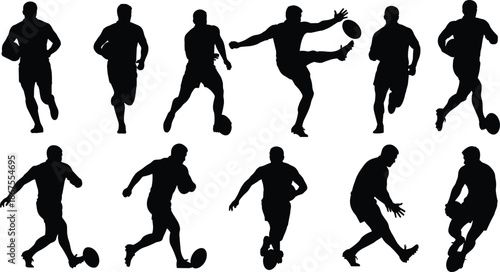 Adobe Stock Title Set of eight black parkour and climbing silhouettes featuring athletes jumping, hanging, and performing urban extreme sports stunts on white background.