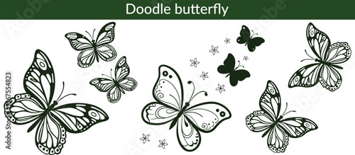 Doodle butterfly. Sketch flying butterflies with beautiful wings. Spring cartoon insects black silhouette. Elegant simple moth clipart. Vector isolated set