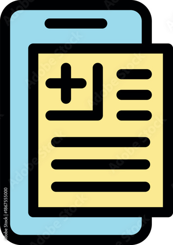 Smartphone displaying medical report with cross symbol, indicating online healthcare access and patient data management