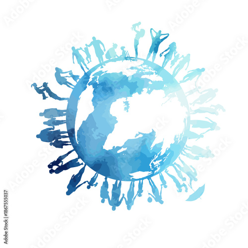 Abstract blue world and happy people. Silhouettes of people around the globe. hand drawn. Not AI, Vector illustration