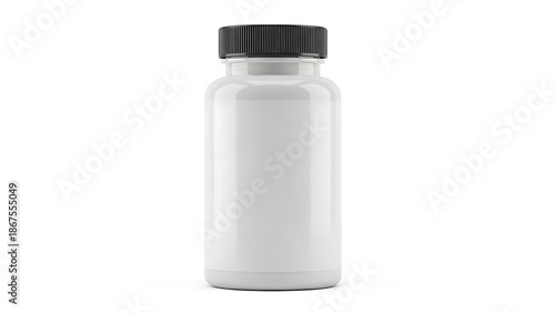 Wallpaper Mural A glossy white plastic pill bottle with a textured black screw-on cap stands upright on a white surface, featuring a blank label area and a clear plastic band around the neck, casting a subtle Torontodigital.ca