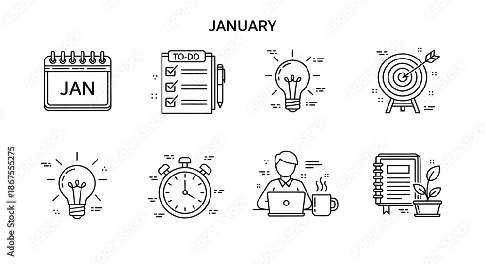 Fototapeta premium January planning and productivity icons Vector