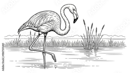 A lone flamingo wading in shallow water near tall reeds and plants in a serene natural environment from a side viewpoint