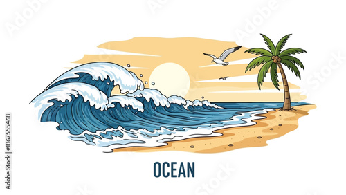 Serene ocean waves gently crashing on the sandy beach with palm trees swaying