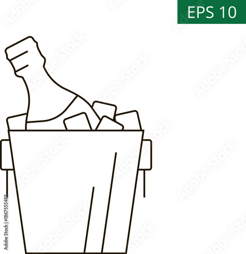 An outline icon of a champagne bottle in a bucket full of ice. Alcohol and celebrating of New Year, Christmas or anniversary. Minimalistic symbol for hotel services on white isolated background. 