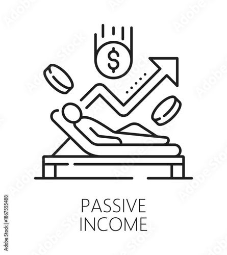 Investment passive income, business line icon or symbol. Business capital fund outline vector sign, bonds investment passive income pictogram. Trade startup icon with investor lying on lounge chair