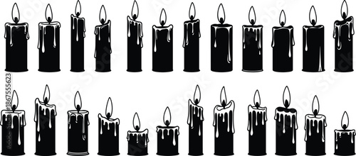 Black Candle Silhouettes Set, Burning Wax and Flame Icons, Isolated Vector Graphic Elements for Spiritual Occasion, Romantic Decor, and Memorial Design