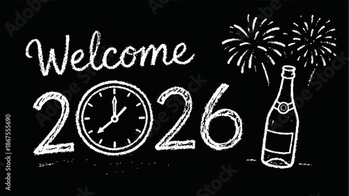 Hand-drawn chalk illustration: Wishing you Joy and Peace in 2026, a tranquil New Year's greeting with festive white balloons and ribbon bows