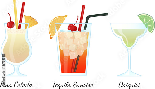 A set of popular alcohol cocktails. Pina Colada, Daiquiri, Tequila Sunrise. Beverages for club party