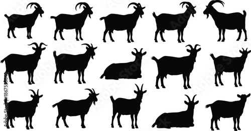 Black Goat Silhouettes Set, Mountain Billy Goat and Farm Animal Icons, Isolated Vector Graphic Elements for Livestock Branding and Nature Design