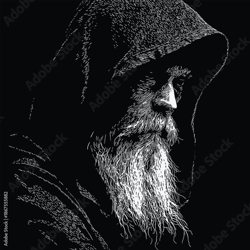 Dark mysterious portrait of an old hooded man in engraved scratch art style. High contrast black and white illustration with dramatic mood