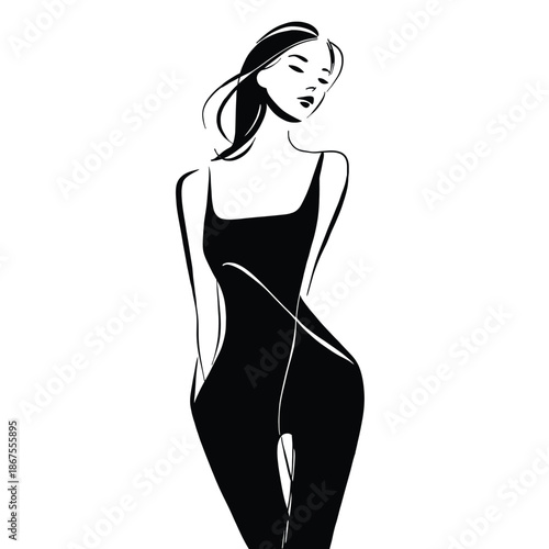 Minimalist line art illustration of an elegant woman in a black dress, expressive pose and clean lines, ideal for fashion branding, posters and modern design