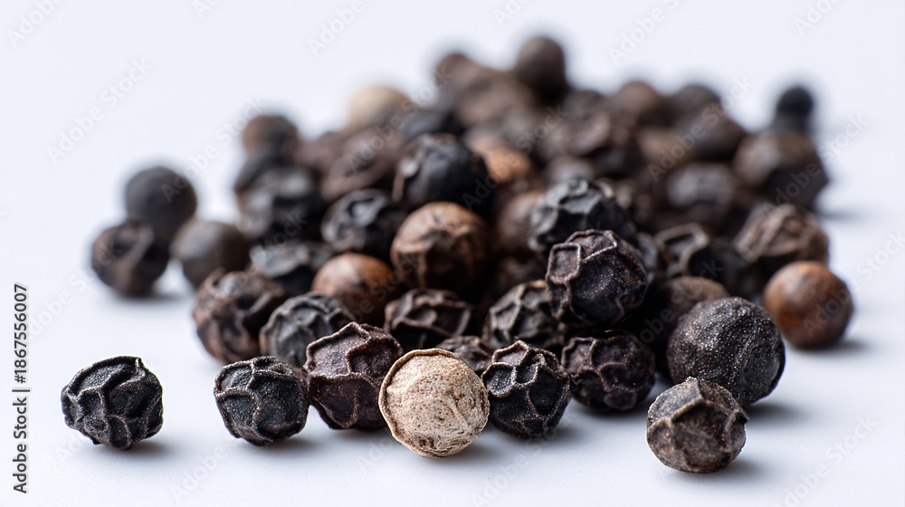 Obraz premium Close-up of dried black peppercorns scattered on white surface with natural lighting