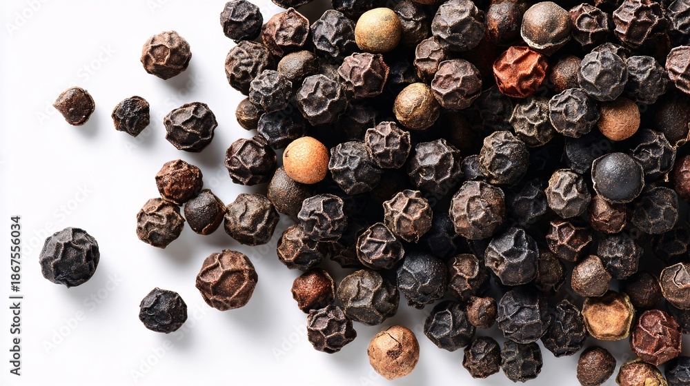 Obraz premium Close-up of dried black peppercorns scattered on white background with natural lighting