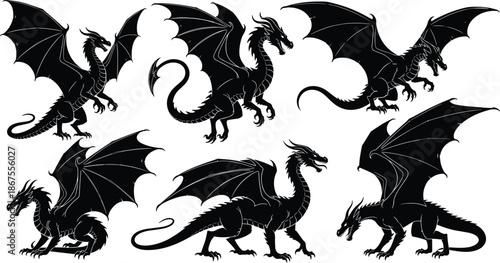 Black Dragon Silhouettes Set, Mythical Fantasy Creature Icons, Flying and Standing Monster Vector Graphic Elements for Medieval Fairy Tale Game Design