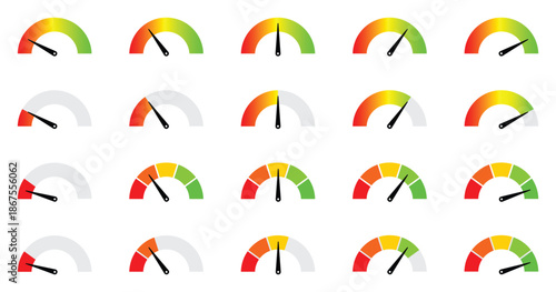 Set of 20 colorful gauge indicators and meters vector illustration