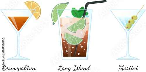 A set of popular cocktails isolated on white background. Cosmopolitan, Martini, Long Island in color. Alcohol beverages for a cocktail party.
