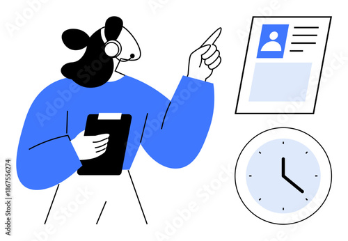 Customer support concept. Customer service professional examining user profile and managing time. Customer support enhancing assistance, communication, and productivity. For business, remote work