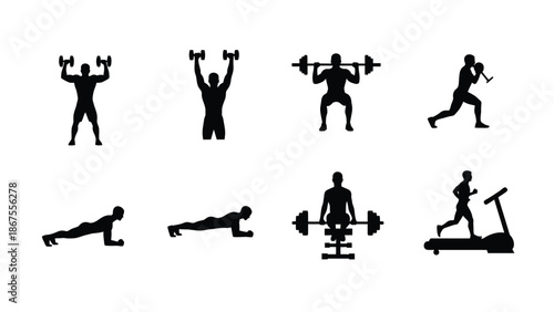 Collection of eight distinct black silhouette icons depicting various intense fitness exercises including weightlifting cardio and bodyweight training movements