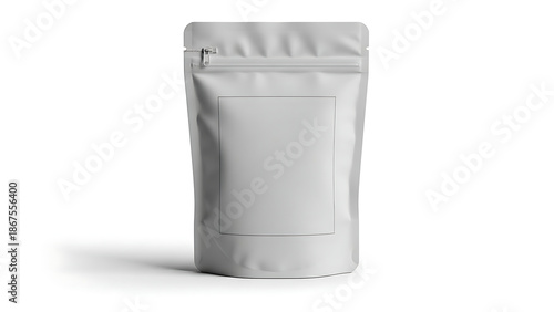 Wallpaper Mural A plain white resealable stand-up pouch with a clear rectangular label area and a metallic zipper closure isolated on a white background with soft shadow Torontodigital.ca
