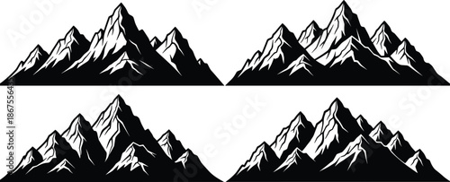 Black Mountain Range Silhouettes Set, High Peak Alpine Landscape Icons, Isolated Vector Graphic Elements for Outdoor Adventure and Wilderness Travel Design