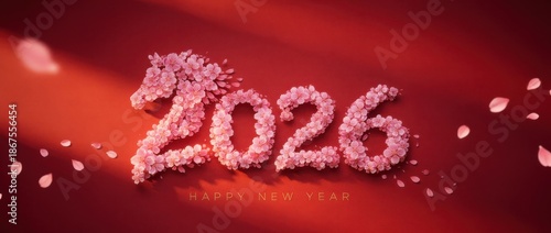 2026 numbers formed with pink sakura petals on red background, elegant chinese new year greeting and lunar celebration design, poster.
