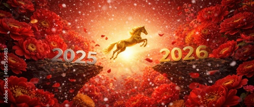 golden horse leaping from 2025 to 2026 symbolizing progress and fortune for chinese new year