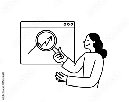 Vector illustration in simple linear doodle hand drawn style, business concept, girl making a presentation with growth report