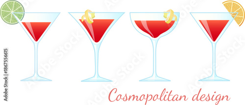 A set of designs of the popular Cosmopolitan cocktail. Bright alcoholic beverages with slices of lemon, lime and lemon peels in different glasses