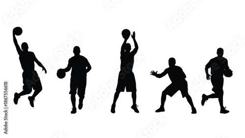Collection of five distinct black silhouettes depicting basketball players in various dynamic poses including dribbling shooting jumping and defending against an opponent