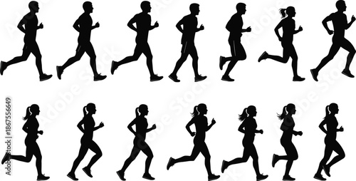 Black Runner Silhouettes Set, Men and Women Jogging Action Poses, Isolated Vector Graphic Elements for Fitness Marathon and Healthy Lifestyle Design
