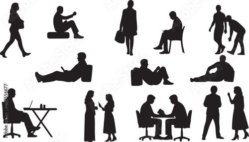 Silhouettes of people in various office and relaxation poses