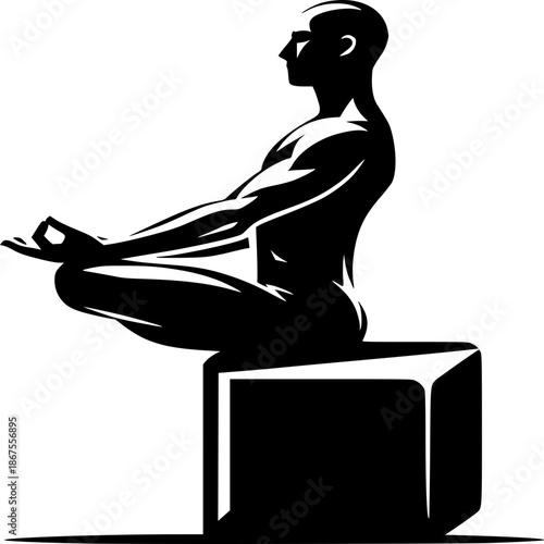 Serene Contemplation: Silhouette of a person sitting in the lotus position atop a simple block, embodying a moment of tranquil reflection and spiritual focus.