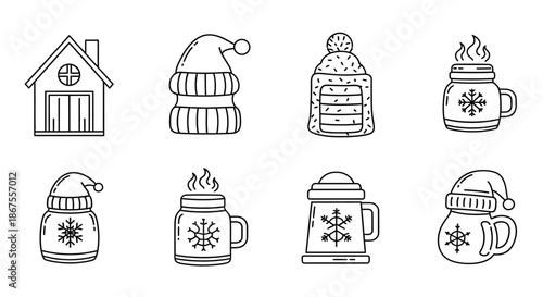 Cozy winter scene with snowflakes and mugs Vector