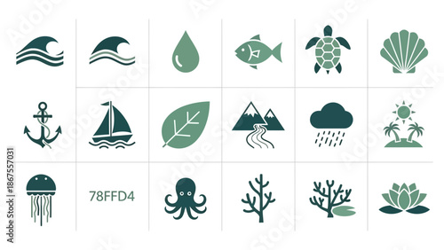 Collection of ocean icons representing marine life and weather conditions depicted in various shades of green