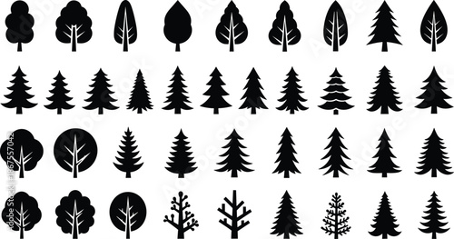 Black Tree Silhouettes Set, Pine Spruce and Deciduous Forest Icons, Isolated Vector Graphic Elements for Nature Logo and Landscape Web Design