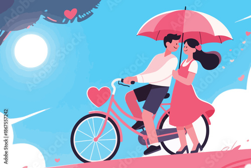 Couple riding bicycle under pink umbrella with heart decorations in cheerful romantic outdoor scene.
