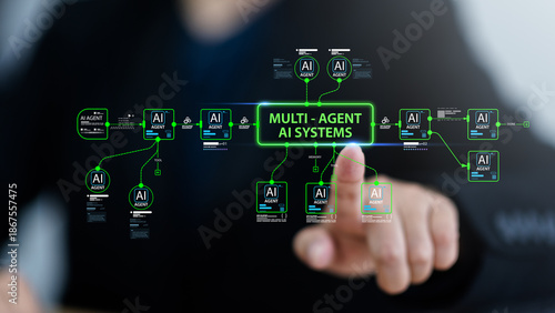 Tableau sur toile Corporate organisation utilizes multi agent technology regarding artificial intelligence process analysis depicting workflow task communication strategy optimization diagram