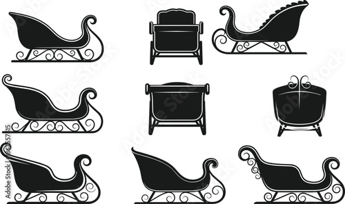 Christmas sleigh silhouette set, festive winter sleigh icons, holiday decoration vector, vintage sleigh clipart, traditional seasonal sleigh illustrations