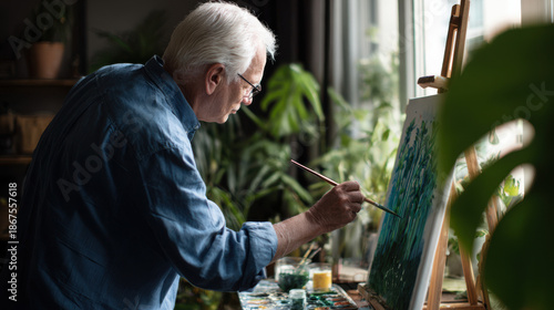 Senior man painting on canvas in home studio, expressing creativity and artistic passion.