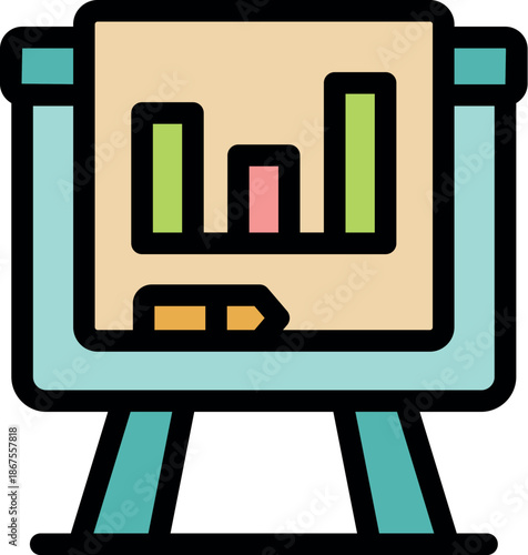 Flip chart displaying bar graph and pencil, ideal for business presentations, education, or office settings