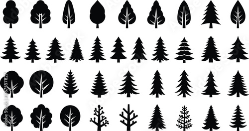 Large Set of Black Tree Silhouettes, Pine Spruce and Deciduous Forest Icons, Isolated Vector Graphic Elements for Logo and Web Design