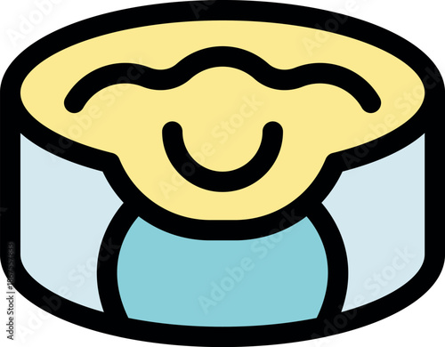 Open metal tin can container filled with custard, yogurt or pudding, showing filling with a smiling face