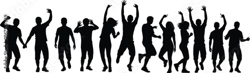 Dancing people silhouettes showing energetic crowd celebration, freedom, joy, music rhythm, youth culture, party lifestyle concept isolated white background