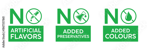 Set of three green icons for natural products: "No Artificial Flavors," "No Added Preservatives," and "No Added Colours." Vector labels for organic food packaging and clean ingredient marketing.