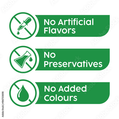 Set of three green icons for natural products: "No Artificial Flavors," "No Added Preservatives," and "No Added Colours." Vector labels for organic food packaging and clean ingredient marketing.