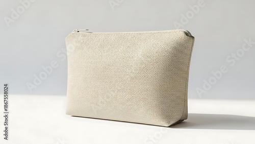 Wallpaper Mural A textured, light beige fabric pouch with a silver zipper closure is presented at an angle on a white surface, suggesting a cosmetic bag, toiletry bag, or small accessory pouch for travel or Torontodigital.ca