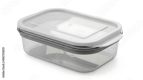 Wallpaper Mural A transparent rectangular food storage container with a grey rim and a clear hinged lid is shown from a three-quarter angle on a white background with a subtle shadow Keywords: container, food Torontodigital.ca